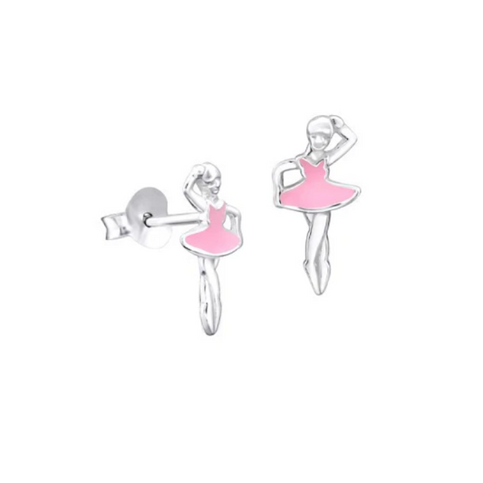 Pink Enamel Sterling Silver Ballerina Studs